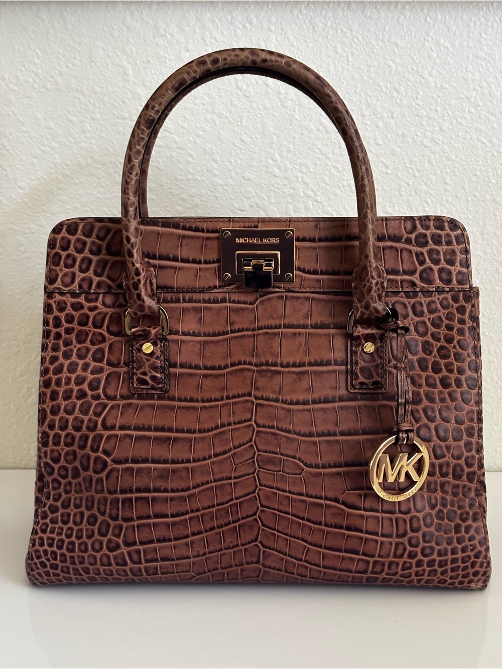 Michael Kors Brown Croc Embossed Leather Satchel Gold Hardware Rare Handbag NWOT